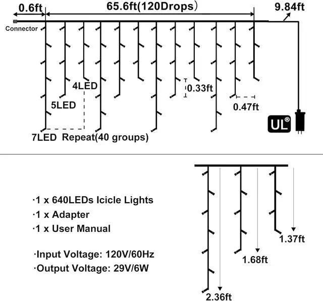 Alt view image 4 of 7 - White Christmas Lights Outdoor, 66ft 640 LED Icicle Lights for Outside House with Connectable Clear Wire 8 Modes Timer, Plug in Waterproof for Home Holiday Eaves Yard Roof Party Room Indoor Decoration