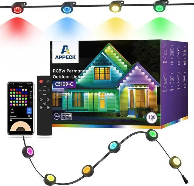 Main image of Permanent Outdoor Lights 100ft with 72 LEDs, DIY Scene Modes, Smart RGBW String Lights Waterproof, App/Remote Control for Christmas, Holidays, Alexa/Google Assistant Compatible, Black