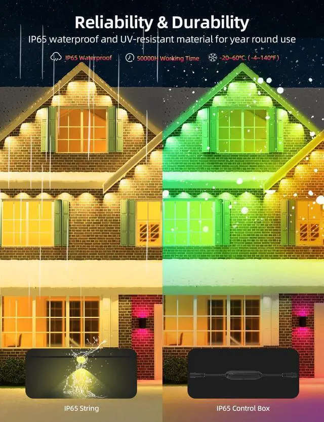 Alt view image 5 of 7 - Permanent Outdoor Lights 100ft with 72 LEDs, DIY Scene Modes, Smart RGBW String Lights Waterproof, App/Remote Control for Christmas, Holidays, Alexa/Google Assistant Compatible, Black