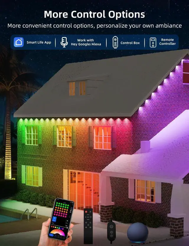 Alt view image 6 of 7 - Permanent Outdoor Lights 100ft with 72 LEDs, DIY Scene Modes, Smart RGBW String Lights Waterproof, App/Remote Control for Christmas, Holidays, Alexa/Google Assistant Compatible, Black