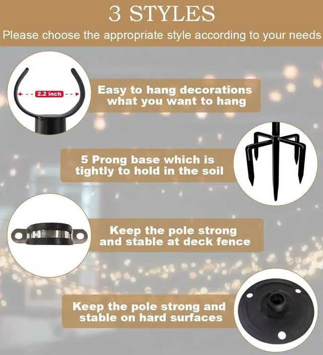 Alt view image 3 of 7 - 10ft String Light Poles for Outdoors, Outside Light Poles for Hard Ground Surface, Backyard, Patio, Outdoor Lighting, Matte Black, 2 Pack