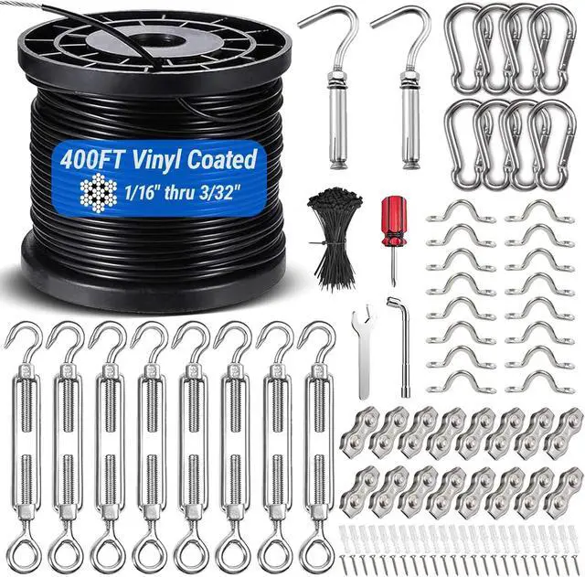 Main image of String Light Hanging Kit with 400FT Vinyl Coated 304 Stainless Steel Wire Rope, Globe String Light Suspension Kit, Outdoor Light Guide Wire Kit Included Turnbuckles, Enough Accessories, Use Manual