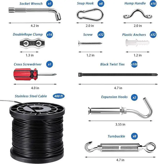 Alt view image 5 of 7 - String Light Hanging Kit with 400FT Vinyl Coated 304 Stainless Steel Wire Rope, Globe String Light Suspension Kit, Outdoor Light Guide Wire Kit Included Turnbuckles, Enough Accessories, Use Manual