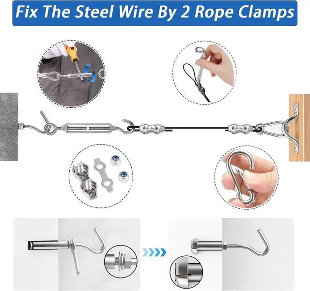 Alt view image 6 of 7 - String Light Hanging Kit with 400FT Vinyl Coated 304 Stainless Steel Wire Rope, Globe String Light Suspension Kit, Outdoor Light Guide Wire Kit Included Turnbuckles, Enough Accessories, Use Manual