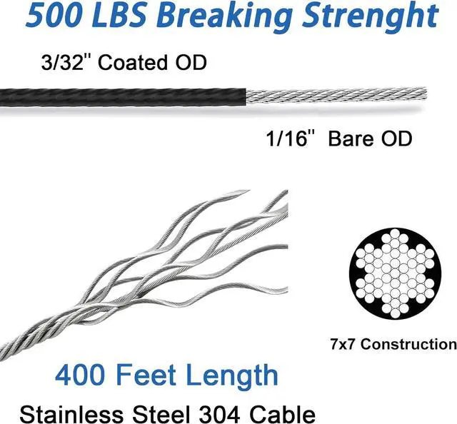 Alt view image 4 of 7 - String Light Hanging Kit with 400FT Vinyl Coated 304 Stainless Steel Wire Rope, Globe String Light Suspension Kit, Outdoor Light Guide Wire Kit Included Turnbuckles, Enough Accessories, Use Manual