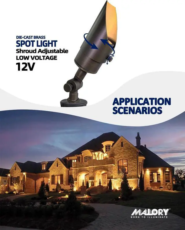 Alt view image 2 of 7 - MALORY Brass Landscape Spotlight 1-Pack with MR16 Bulb Kit(S04), Low Voltage 12V AC/DC Shroud Adjustable Outside Yard Lighting,PVC Ground Stake and Wire Connector Included, 5W 2700K Warm White