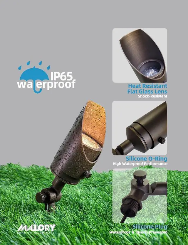 Alt view image 4 of 7 - MALORY Brass Landscape Spotlight 1-Pack with MR16 Bulb Kit(S04), Low Voltage 12V AC/DC Shroud Adjustable Outside Yard Lighting,PVC Ground Stake and Wire Connector Included, 5W 2700K Warm White