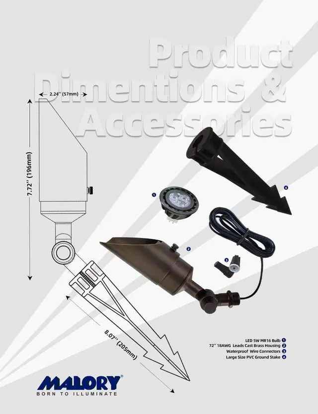Alt view image 6 of 7 - MALORY Brass Landscape Spotlight 1-Pack with MR16 Bulb Kit(S04), Low Voltage 12V AC/DC Shroud Adjustable Outside Yard Lighting,PVC Ground Stake and Wire Connector Included, 5W 2700K Warm White