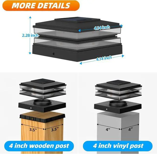 Alt view image 2 of 7 - 4x4 Solar Post Cap Lights Outdoor Waterproof 12 Pack Fence Deck Post Lights with High-Brightness LEDs, Dual Light Modes Warm White & Cool White. (Classic Black, 12)