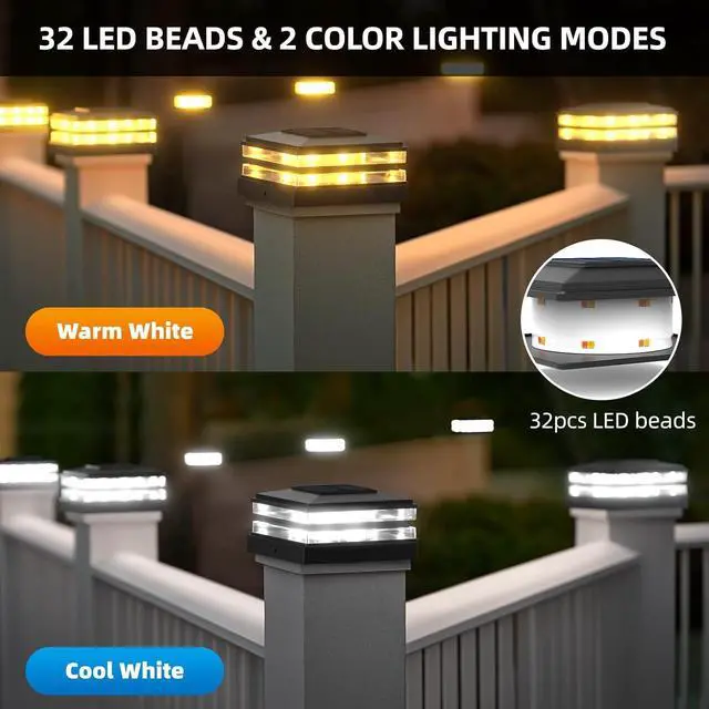 Alt view image 3 of 7 - 4x4 Solar Post Cap Lights Outdoor Waterproof 12 Pack Fence Deck Post Lights with High-Brightness LEDs, Dual Light Modes Warm White & Cool White. (Classic Black, 12)