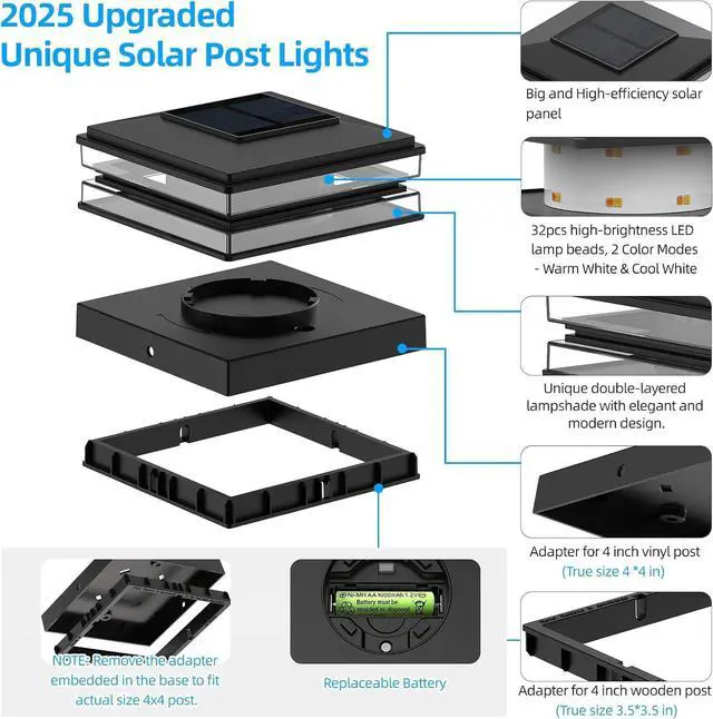 Alt view image 4 of 7 - 4x4 Solar Post Cap Lights Outdoor Waterproof 12 Pack Fence Deck Post Lights with High-Brightness LEDs, Dual Light Modes Warm White & Cool White. (Classic Black, 12)