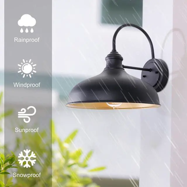 Alt view image 2 of 6 - 12in Farmhouse Barn Light Outdoor, 2 Pack Garage Exterior Matte Black Gooseneck Sconce with Brass Interior, Large Outside Porch Door Wall Mount Lights for Patio, Entryway, Balcony