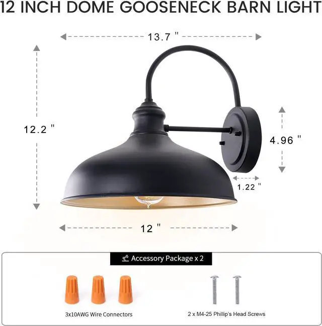Alt view image 6 of 6 - 12in Farmhouse Barn Light Outdoor, 2 Pack Garage Exterior Matte Black Gooseneck Sconce with Brass Interior, Large Outside Porch Door Wall Mount Lights for Patio, Entryway, Balcony