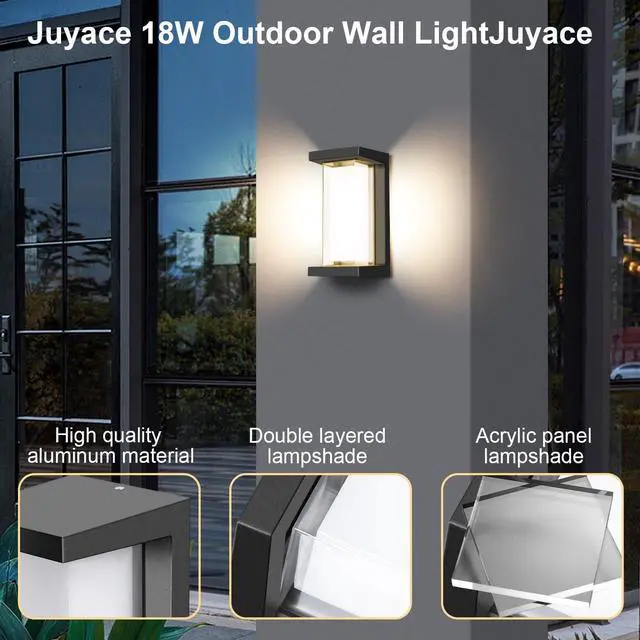 Alt view image 7 of 7 - Juyace 18w Outdoor Porch Lights Exterior Lighting Fixtures Wall Mount Rectangular Modern Patio Sconces 1800Lm 3000k Aluminum Black IP65 for Garage House Front Door Entryway (2 Pack)