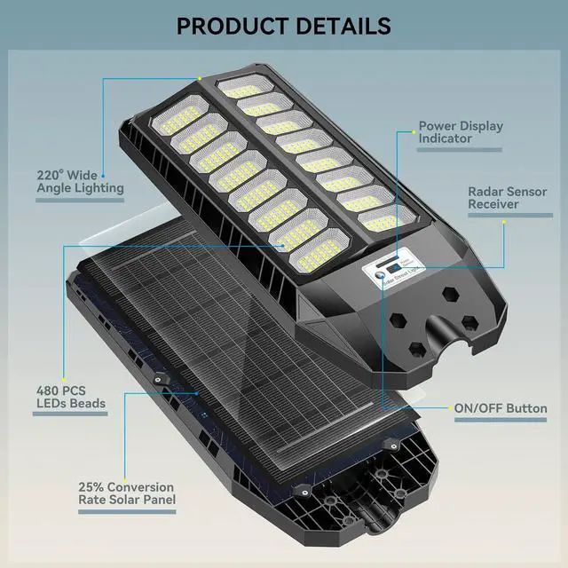 Alt view image 3 of 6 - 8000W Solar Lights Outdoor, 6500K Flood Lights Outdoor, IP66 Waterproof Solar Street Lights with Motion Sensor and Remote Control for Dusk-to-Dawn Illumination for Outside, Pathway, Yard