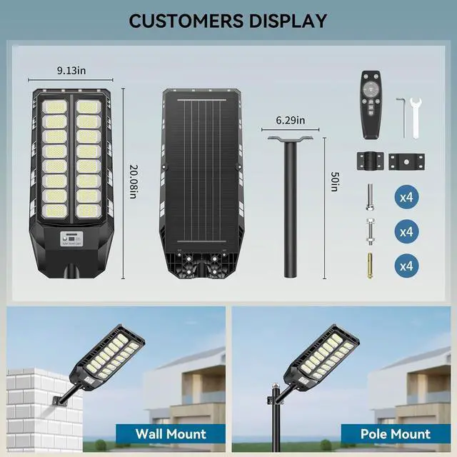 Alt view image 6 of 6 - 8000W Solar Lights Outdoor, 6500K Flood Lights Outdoor, IP66 Waterproof Solar Street Lights with Motion Sensor and Remote Control for Dusk-to-Dawn Illumination for Outside, Pathway, Yard