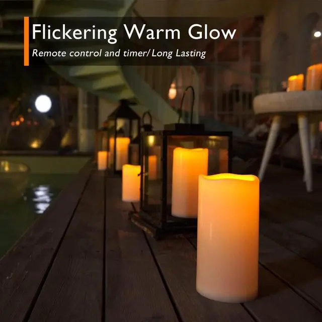 Alt view image 2 of 7 - Homemory 10" x 4" Large Waterproof Outdoor Flameless Candles with Remote Control and Timer, Battery Operated Flickering LED Pillar Candles for Outdoor Larterns, Porch, Long Lasting, Set of 2