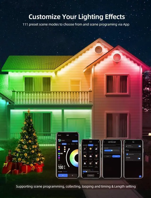 Alt view image 2 of 7 - Permanent Outdoor Lights 100ft with 72 LEDs, DIY Scene Modes, Smart RGBW String Lights Waterproof, App/Remote Control for Christmas, Holidays, Alexa/Google Assistant Compatible, Black
