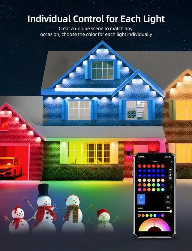 Alt view image 4 of 7 - Permanent Outdoor Lights 100ft with 72 LEDs, DIY Scene Modes, Smart RGBW String Lights Waterproof, App/Remote Control for Christmas, Holidays, Alexa/Google Assistant Compatible, Black