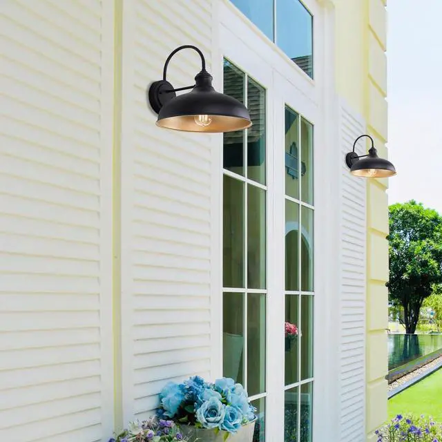 Alt view image 3 of 6 - 12in Farmhouse Barn Light Outdoor, 2 Pack Garage Exterior Matte Black Gooseneck Sconce with Brass Interior, Large Outside Porch Door Wall Mount Lights for Patio, Entryway, Balcony