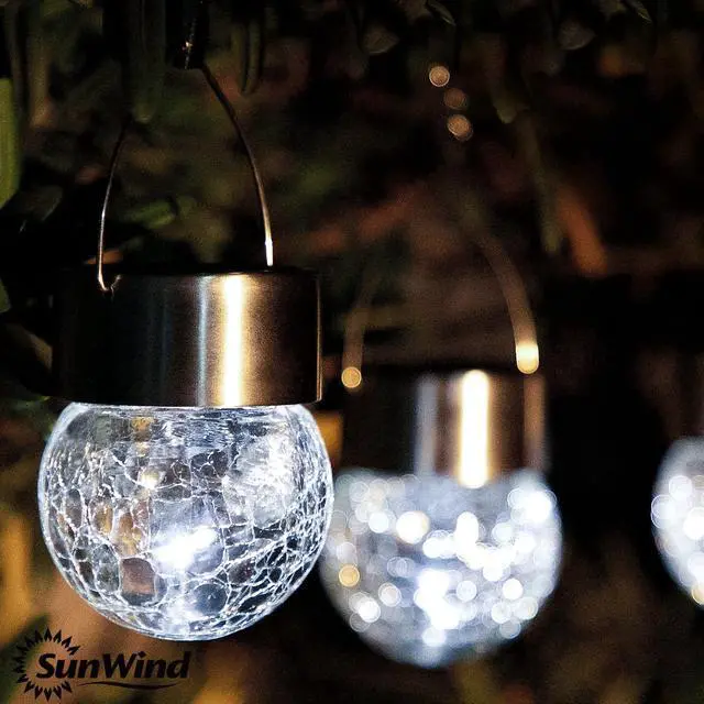 Alt view image 3 of 7 - SUNWIND Hanging Solar Ball Lights Outdoor - 8 Pack Cracked Glass Decorative Garden Lights Waterproof Solar Lanterns for Yard, Patio, Fence, Tree, or Holiday Decoration(White)