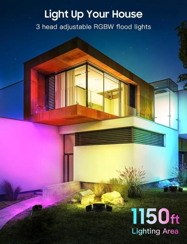 Alt view image 2 of 7 - Onforu Outdoor Flood Lights 50W, 3 Head RGBW Multicolor Outdoor Flood Lights with 2700K Warm White, Color Changing Flood Light with Remote Control, IP65 for Garden, Yard