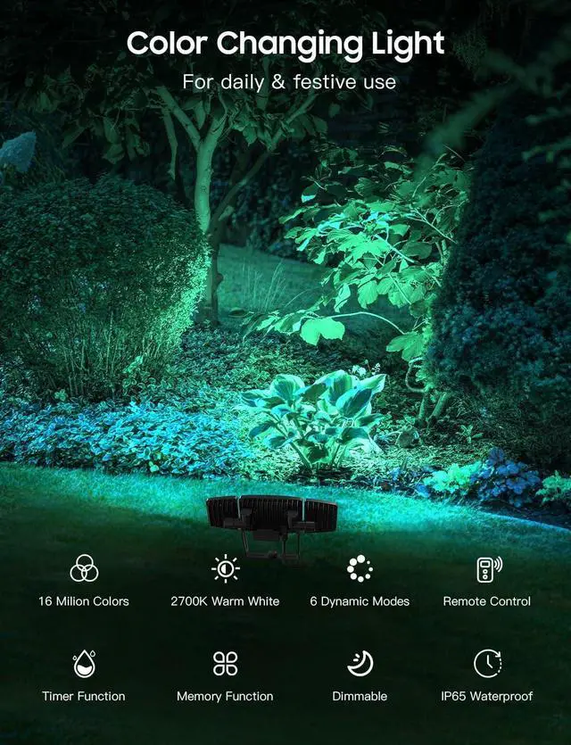 Alt view image 3 of 7 - Onforu Outdoor Flood Lights 50W, 3 Head RGBW Multicolor Outdoor Flood Lights with 2700K Warm White, Color Changing Flood Light with Remote Control, IP65 for Garden, Yard