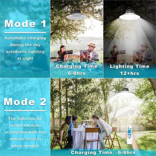 Alt view image 3 of 7 - NIORSUN Solar Pendant Light, Upgraded Motion Sensor Light Outdoor Solar Lights Indoor Dimmable with Remote 3000K/4500K/6000K, 2x16.4ft Cable IP65 Waterproof for Shed, Barn, Gazebo, Patio(2 Pack)