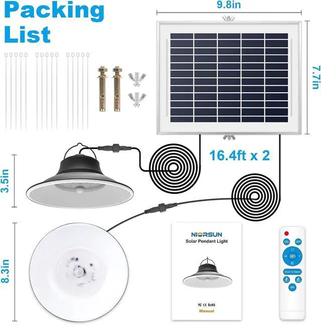 Alt view image 7 of 7 - NIORSUN Solar Pendant Light, Upgraded Motion Sensor Light Outdoor Solar Lights Indoor Dimmable with Remote 3000K/4500K/6000K, 2x16.4ft Cable IP65 Waterproof for Shed, Barn, Gazebo, Patio(2 Pack)