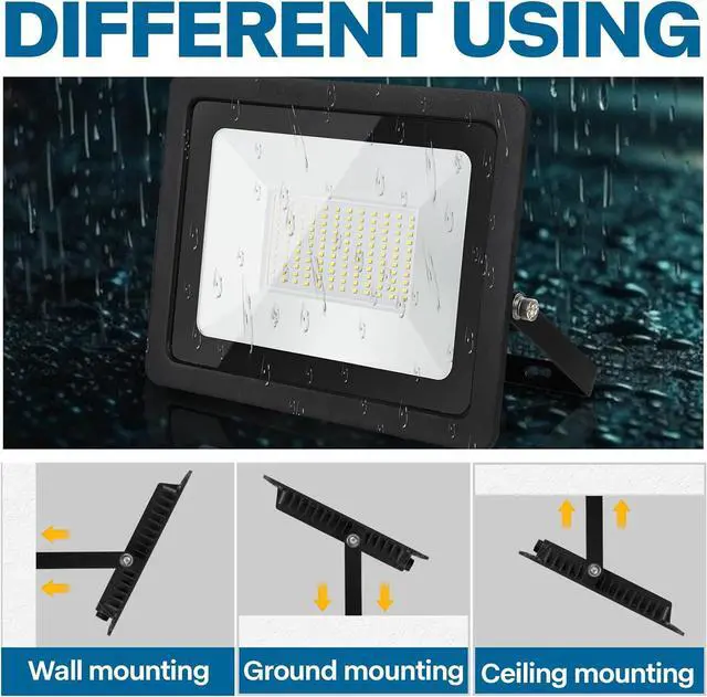 Alt view image 5 of 7 - 2 Pack Outdoor Flood Light, 10000LM Super Bright LED Work Light with 5.9FT Plug, IP65 Waterproof 6000K Daylight White LED Flood Light with 180°Adjustable Bracket for Garage, Yard