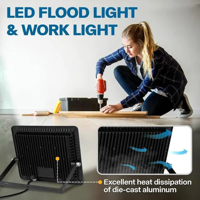 Alt view image 6 of 7 - 2 Pack Outdoor Flood Light, 10000LM Super Bright LED Work Light with 5.9FT Plug, IP65 Waterproof 6000K Daylight White LED Flood Light with 180°Adjustable Bracket for Garage, Yard