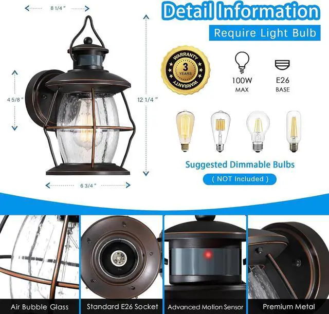 Alt view image 5 of 6 - Motion Sensor Outdoor Wall Lights, Advanced Dusk to Dawn Exterior Fixtures Wall Sconce, Porch Light Wall Mount for Outside Patio,Entryway,Garage(Oil Rubbed Bronze)