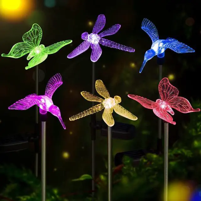 Alt view image 2 of 7 - OxyLED Solar Garden Stake Lights 6 Pack Outdoor LED Figurine Lighting Color Changing Waterproof Solar Hummingbird Lights Butterfly Dragonfly for Patio Yard Pathway