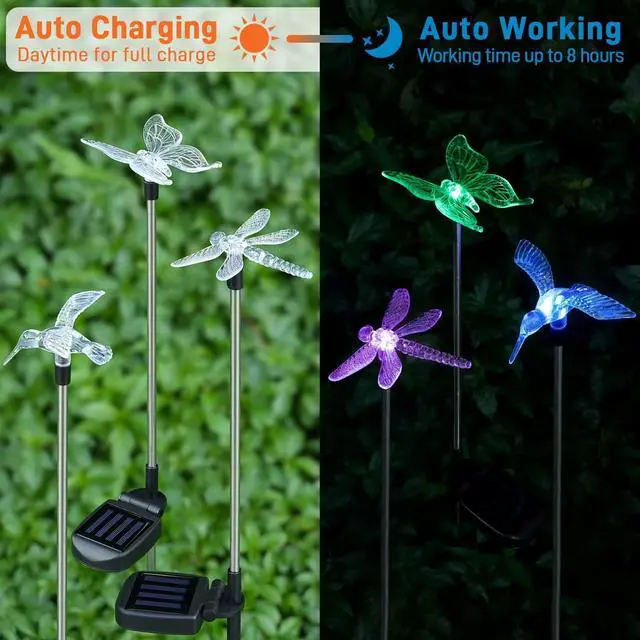 Alt view image 3 of 7 - OxyLED Solar Garden Stake Lights 6 Pack Outdoor LED Figurine Lighting Color Changing Waterproof Solar Hummingbird Lights Butterfly Dragonfly for Patio Yard Pathway