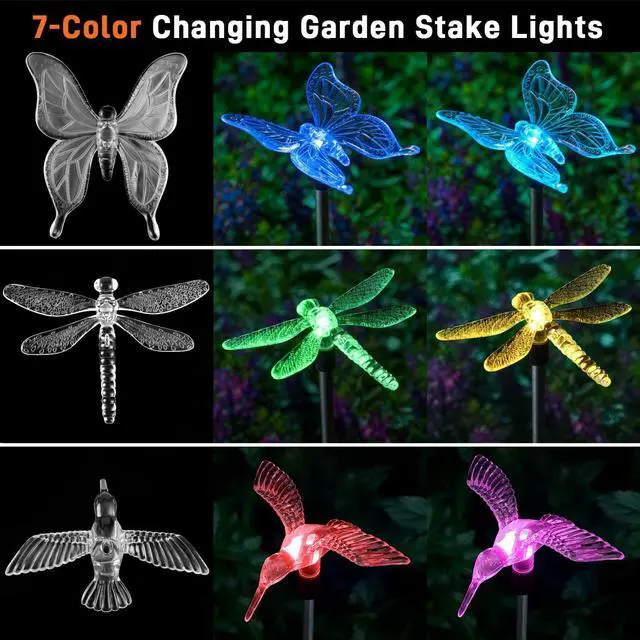 Alt view image 5 of 7 - OxyLED Solar Garden Stake Lights 6 Pack Outdoor LED Figurine Lighting Color Changing Waterproof Solar Hummingbird Lights Butterfly Dragonfly for Patio Yard Pathway
