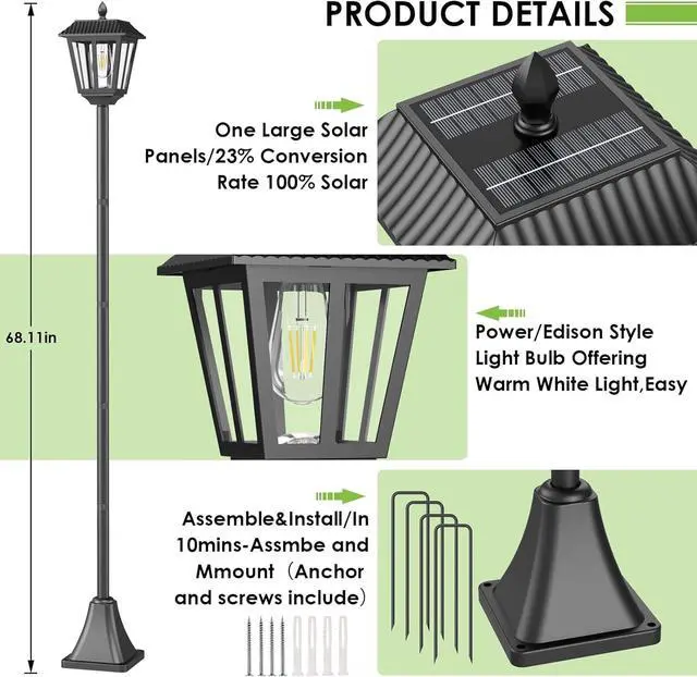 Alt view image 3 of 7 - 68" Solar Lamp Post Lights 2Pack, Outdoor Post Lights Waterproof, Pole Lights Outdoor, Decorative Lamp for Garden, Patio, Lawn, Pathway, Driveway, Front/Back Door, Warm White (2)