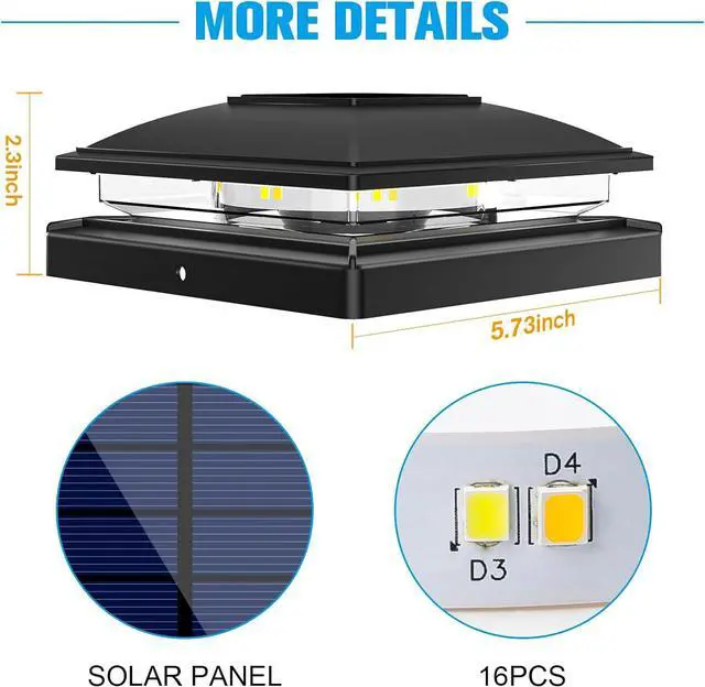 Alt view image 5 of 7 - VOLISUN Solar Post Cap Light Outdoor Waterproof 4pack,Solar Fence - Post Lights for 4x4 5x5 6x6 Wooden/Vinyl Post,Black Deck Post Cap Light Solar Powered with Warm White for Garden/Patio/Porch