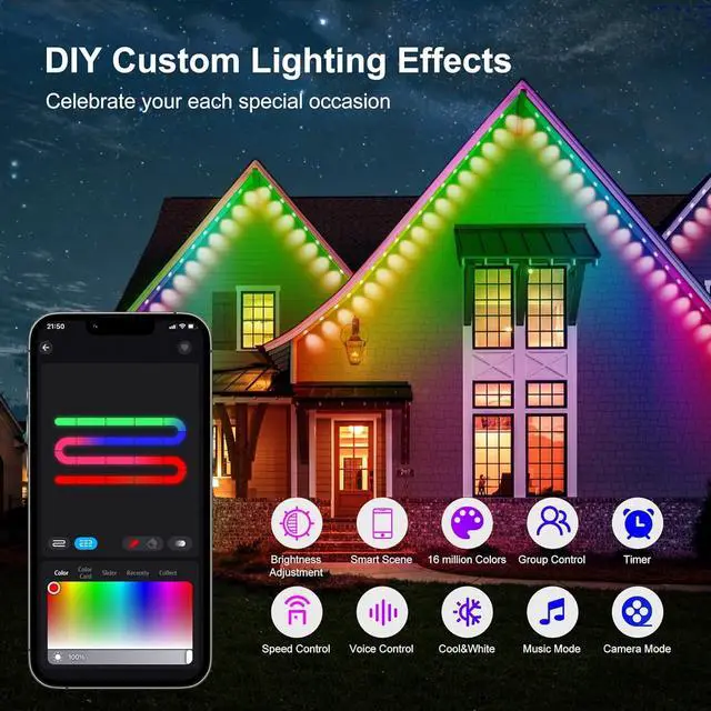 Alt view image 4 of 7 - Permanent Outdoor Lights, 100ft RGB Outdoor Christmas Lights with 72 LED Lights, IP67 Waterproof LED Eaves Lights with DIY Scene Modes for Halloween Decor, Smart APP & Remote Control