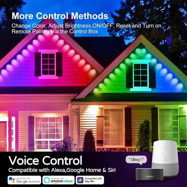 Alt view image 5 of 7 - Permanent Outdoor Lights, 100ft RGB Outdoor Christmas Lights with 72 LED Lights, IP67 Waterproof LED Eaves Lights with DIY Scene Modes for Halloween Decor, Smart APP & Remote Control