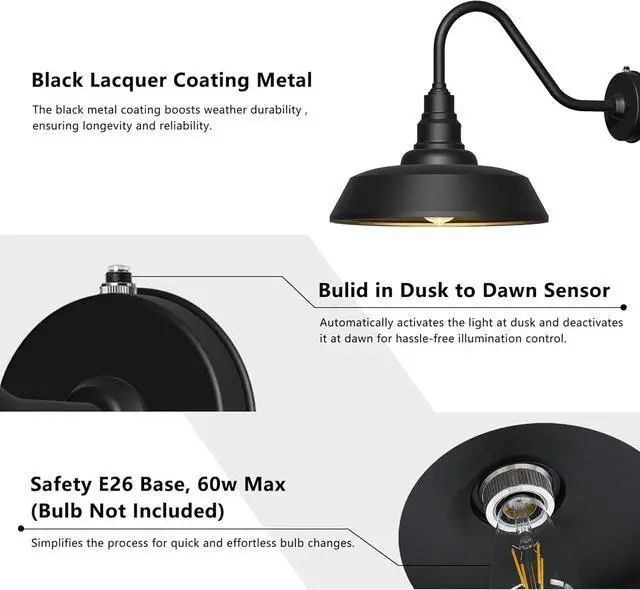 Alt view image 5 of 7 - 21 Inch Large Gooseneck Barn Light Outdoor, Exterior Black Barn Light with Dusk to Dawn Sensor Waterproof and Rust-Resistant Wall Light for Farmhouse, Porch, Patio, Gooseneck Lighting
