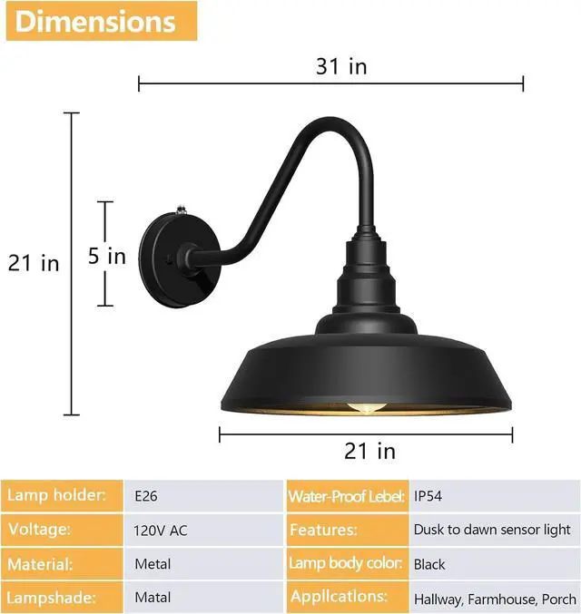 Alt view image 7 of 7 - 21 Inch Large Gooseneck Barn Light Outdoor, Exterior Black Barn Light with Dusk to Dawn Sensor Waterproof and Rust-Resistant Wall Light for Farmhouse, Porch, Patio, Gooseneck Lighting