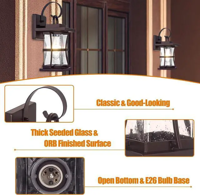 Alt view image 2 of 7 - 2-Pack Dusk to Dawn Outdoor Lighting - Oil Rubbed Bronze Exterior Porch Light Fixtures Wall Mount, 100% Anti-Rust Brown Outside Wall Sconce, Waterproof Dusk to Dawn Wall Lights for House Garage