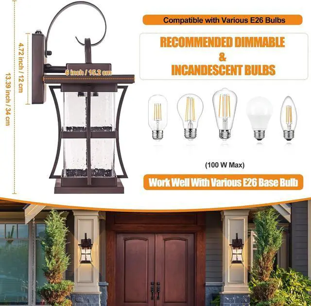Alt view image 4 of 7 - 2-Pack Dusk to Dawn Outdoor Lighting - Oil Rubbed Bronze Exterior Porch Light Fixtures Wall Mount, 100% Anti-Rust Brown Outside Wall Sconce, Waterproof Dusk to Dawn Wall Lights for House Garage
