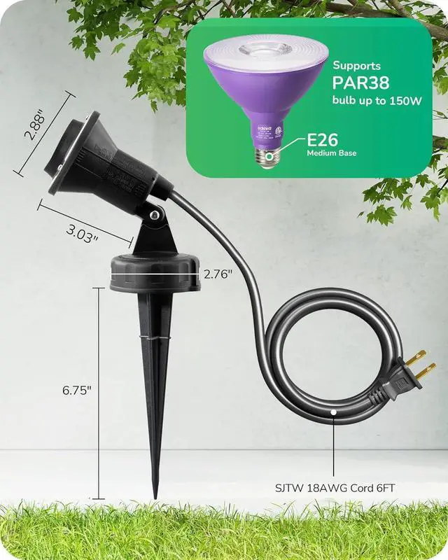 Alt view image 5 of 7 - EDISHINE 120V Spotlights Outdoor Halloween, Plug in LED Flood Lights, Waterproof Landscape Lights Socket, 6FT Cord, E26 Base, Max150W PAR38 Bulb (Not Included), 180° Adjustable Head, UL Listed, 2Pack