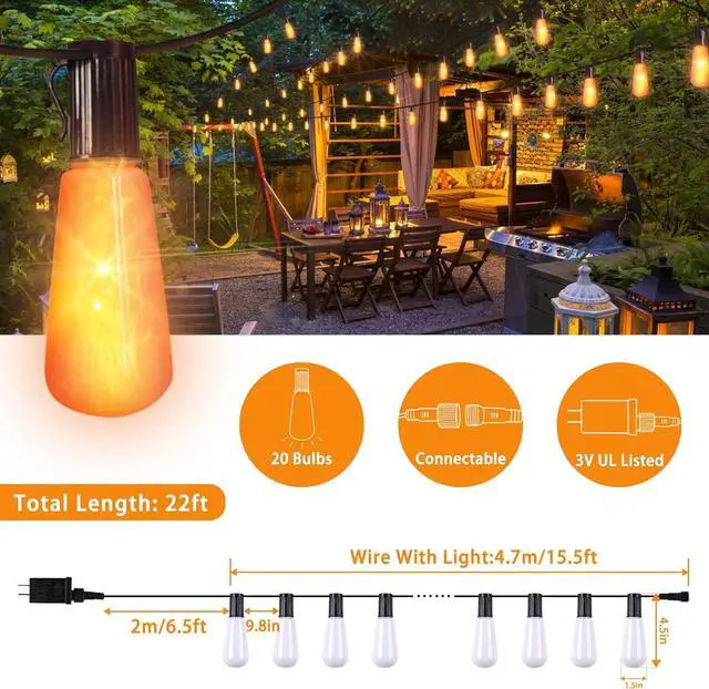 Alt view image 3 of 7 - Flickering Flame String Lights - 22Ft 20LED for Outside, Plug-in Garden Decor - Halloween Christmas Indoor Outdoor, Connectable Backyard Decorative Cafe Bistro Patio