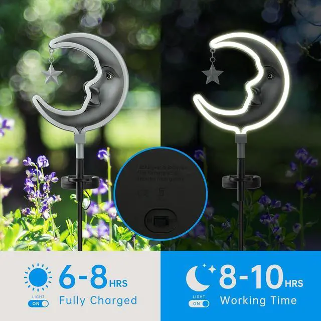 Alt view image 4 of 7 - 2pack Solar Moon Stars Lights Outdoor,Moom Solar Garden Lights Decor, Garden Outdoor Decorative,Solar Powered neon Lights for Pathway,Housewarming Ornament for Yard,Lawn,Patio(Silver)