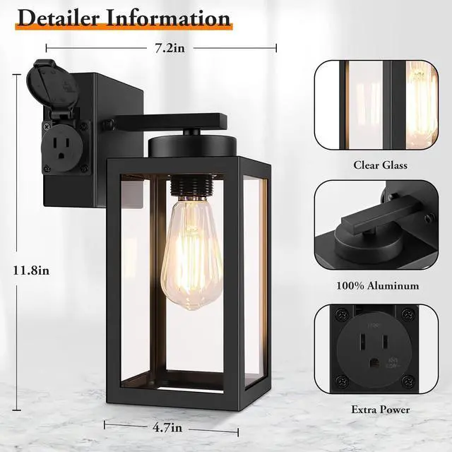 Alt view image 4 of 7 - 2-Pack Dusk to Dawn Outdoor Light Fixtures,Outdoor Wall Lights with Outlet Sensor,Black Exterior Porch Lights Waterproof Outdoor Wall Sconce,Outside Lights for House,Garage,Front Door