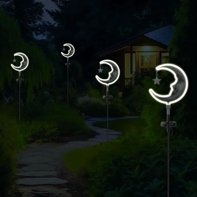 Alt view image 7 of 7 - 2pack Solar Moon Stars Lights Outdoor,Moom Solar Garden Lights Decor, Garden Outdoor Decorative,Solar Powered neon Lights for Pathway,Housewarming Ornament for Yard,Lawn,Patio(Silver)