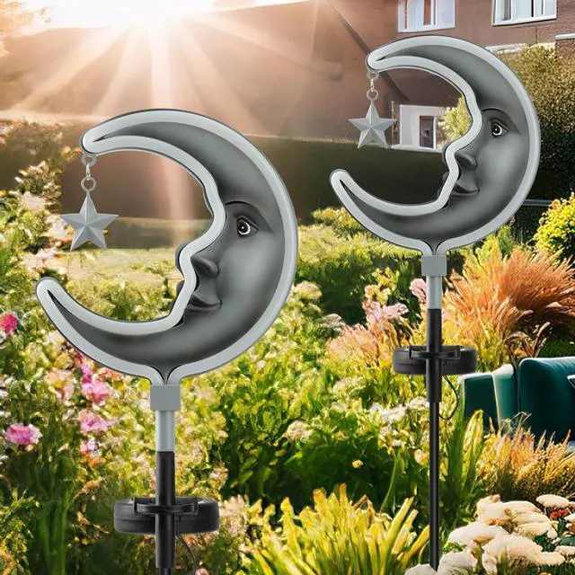Alt view image 5 of 7 - 2pack Solar Moon Stars Lights Outdoor,Moom Solar Garden Lights Decor, Garden Outdoor Decorative,Solar Powered neon Lights for Pathway,Housewarming Ornament for Yard,Lawn,Patio(Silver)