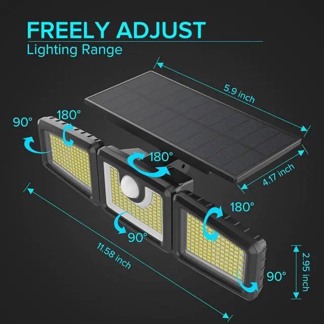 Alt view image 7 of 7 - JJX 2 Pack Solar Lights Outdoor 3000LM 312 LED Motion Sensor Outdoor Lights, IP65 Waterproof LED Solar Security Light, 3 Adjustable Heads Wide Lighting Angle